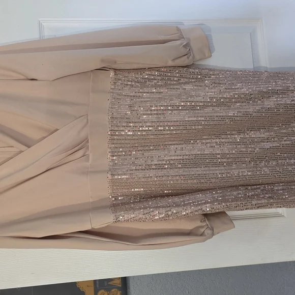 Elegant Beige and Gold Sequin Wrap Dress - Picture 2 of 3